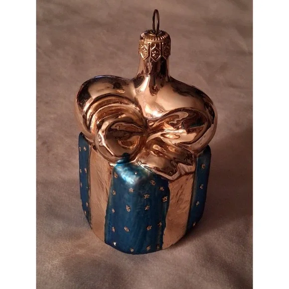 Vintage Blown Glass Christmas Ornament Blue Silver Gift Present Bow 4