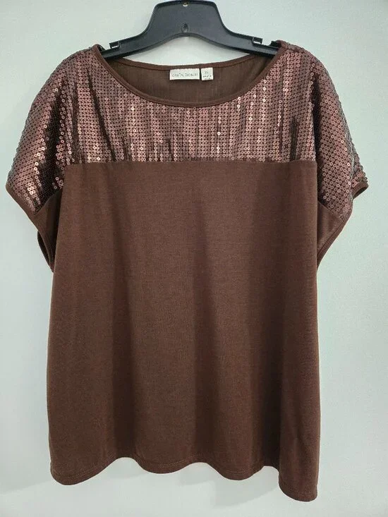 John Paul Richard Women's XL Brown Sheer Sequin Short Sleeve T-Shirt, Y2K