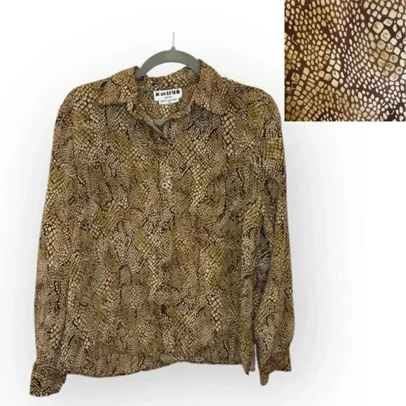 Vintage Joan Leslie Snake Print Button Down Blouse Brown Animal Print Top 10P