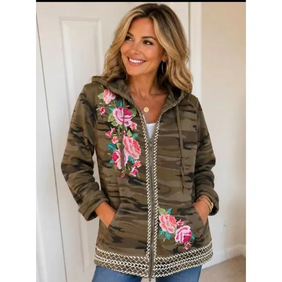 Johnny Was Womens Floral Camo Embroidered Zip Up Hoodie Green Pink Size Large