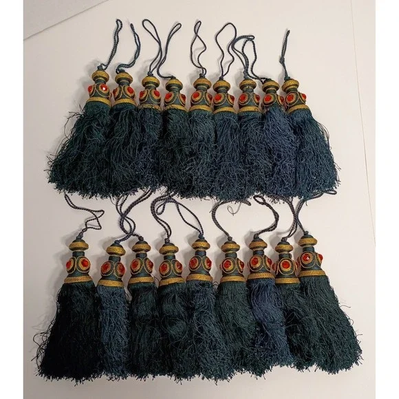 Dark Green Christmas Tassel Ornaments, Lot of 18, Red Gold Accents, Bohemian 7