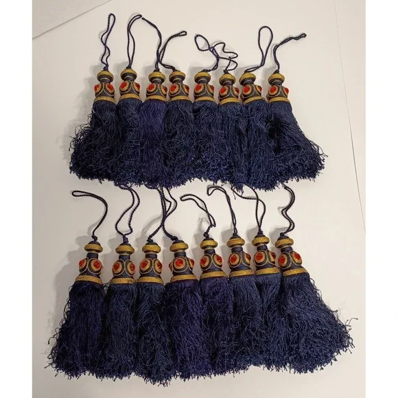16 Navy Blue Gold Jeweled Tasseled Christmas Ornaments, Curtain Tassels, 7