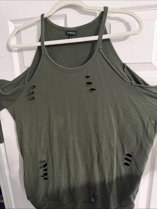 torrid olive green distressed cold-shoulder tank