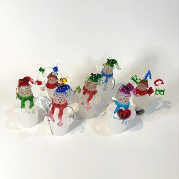 Vintage Frosted Glass Snowman Christmas Ornaments Set of 6 Colorful Holiday