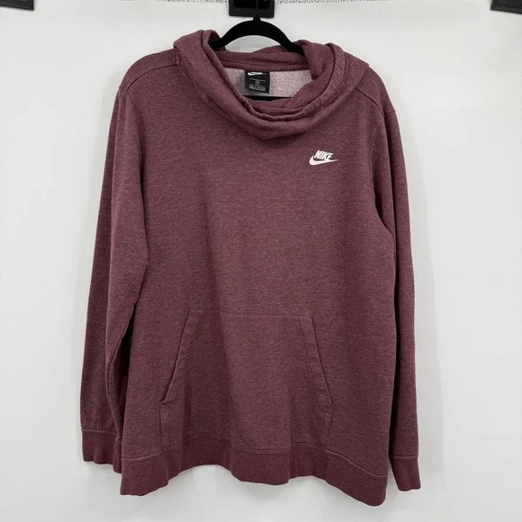 Nike Hoodie Womens 1X Purple Cowl Neck Pullover Fleece Hooded Pockets Relaxed