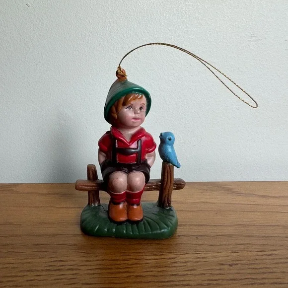 Vintage Plastic Ornament Folk Style Boy Bird Sitting Fence 1970s Figurine‎