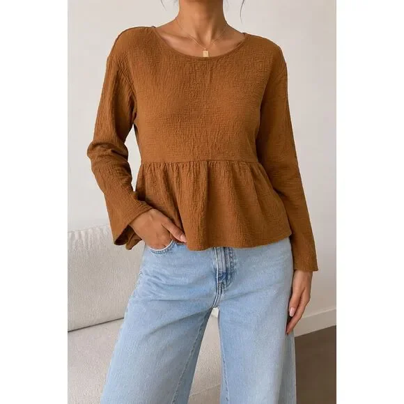 Madewell Brown Textured Peplum Top XS Lace Up Back Boho Blouse