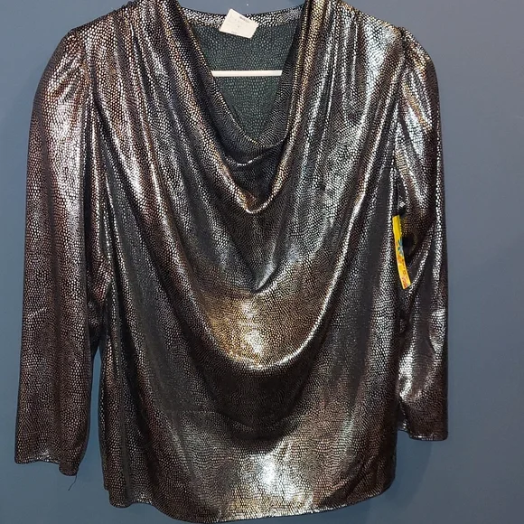 Vintage 1980s Silver Black Metallic Cowl Neck Top