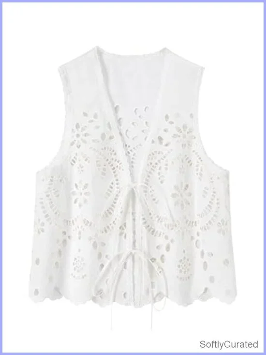 Women's Tie Front Crop Tank Top Sleeveless Eyelet Boho Top Y2K