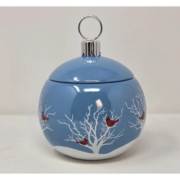 Teleflora Cardinals in Snow Blue Ceramic Ornament Jar Lidded Christmas 8