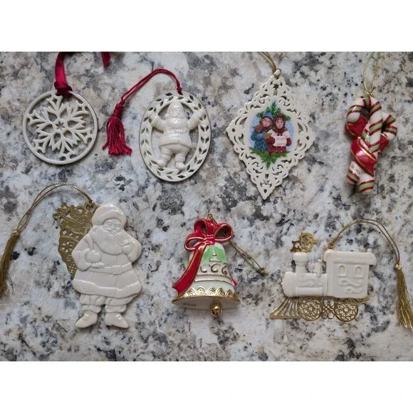 Lot of 7 Vintage Lenox Porcelain Ivory Christmas Ornaments Santa Train Bell Snow