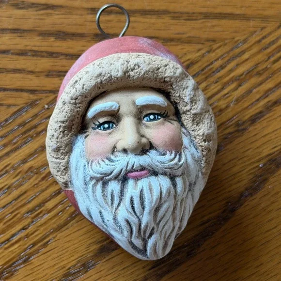 Vintage Ceramic Santa Claus Head Folk Art Ornament Signed Circa 1890 Old World