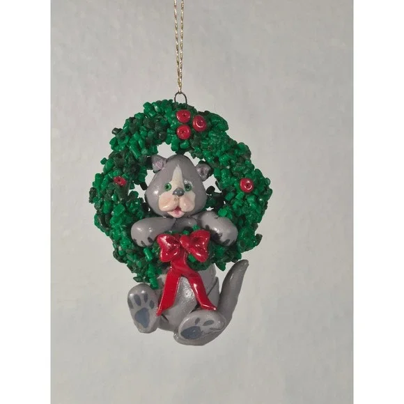 Handmade Polymer Clay Grey Cat In Christmas Wreath Ornament Signed Betsy