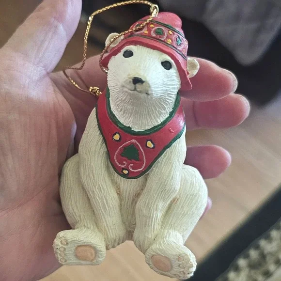 Christmas Polar Bear Ornament Red Hat and Bib Resin Sitting Figurine VTG Decor