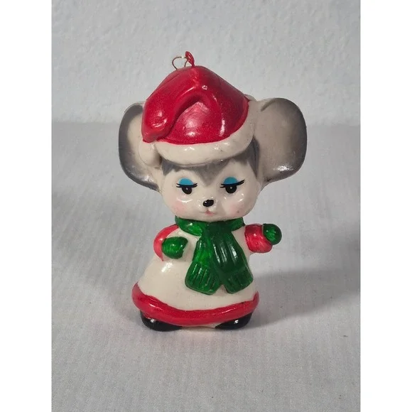 Vtg Blow Mold Christmas Mouse Ornament Red Santa Hat Green Scarf Kitsch Decor