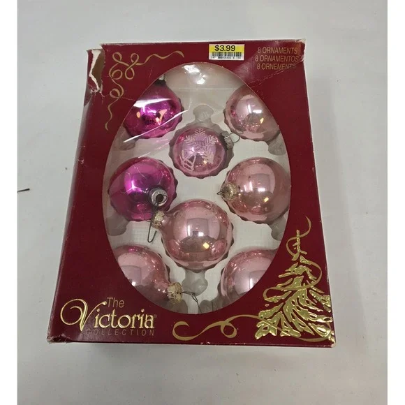 Rauch Victoria Collection 8 Vintage Pink Glass Christmas Ornaments Box USA