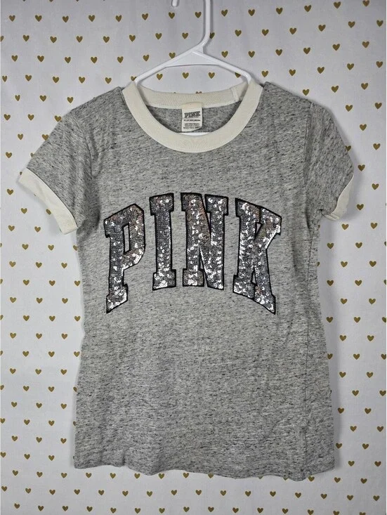 Victorias Secret PINK Grey Bling Sequin Ringer Tee shirt XS