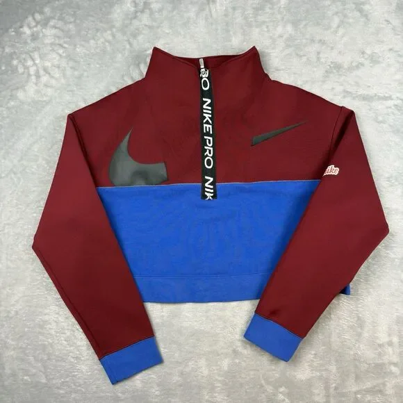 Nike Pro Dri-FIT Active Wear Women Cropped Quarter Zip Pullover Blue Red Medium