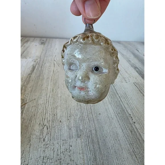 Antique head child milk glass eyes mercury glass ornament Xmas tree