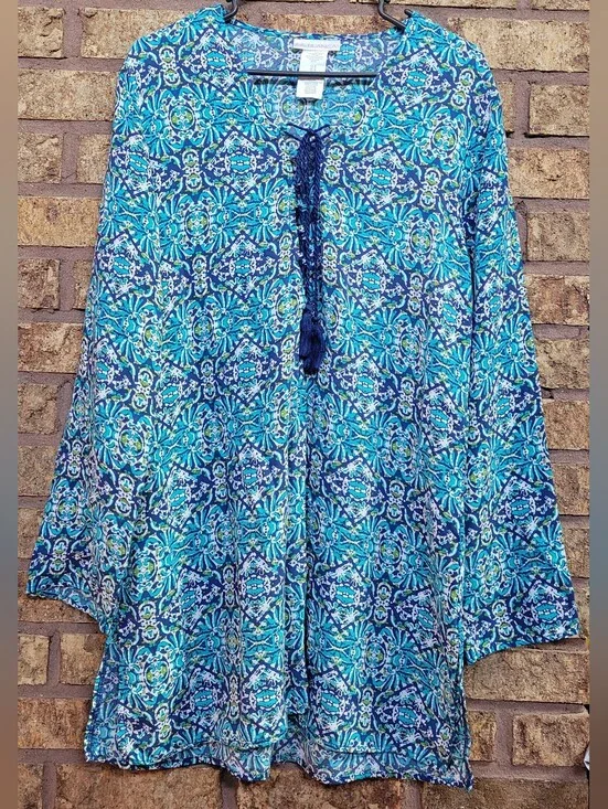 La Blanca Tuvalu Tapa Long-Sleeve Tassel Tunic Coverup Size Medium Viscose