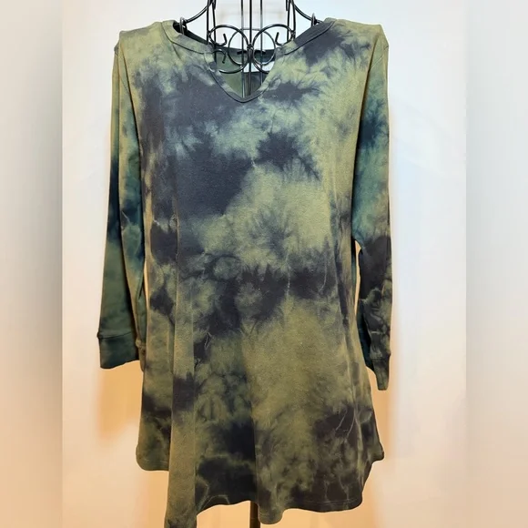 Tie-Dye V-Neck‎ Long Sleeve Tunic - Olive Green