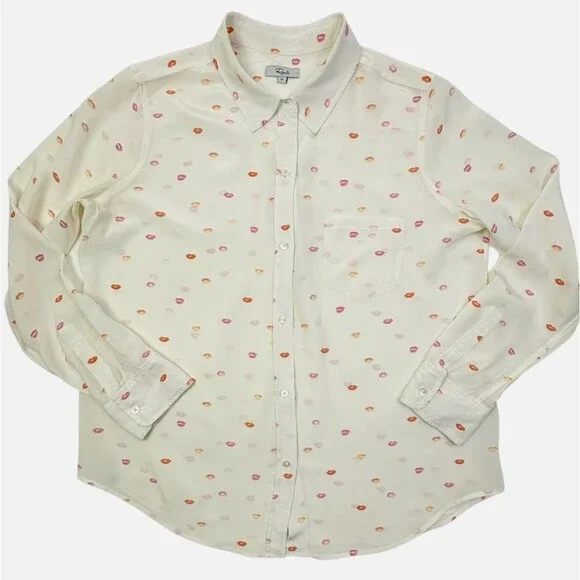 Rails Kate Silk Blouse Ivory Pink Lips Print Button Front Pocket Shirt M