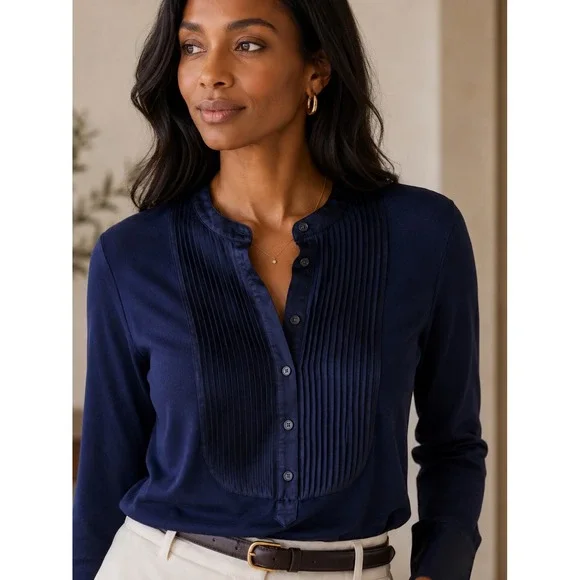 J. Crew Navy Blue Pleated Tuxedo Bib Long Sleeve Top Satin Trim Size S