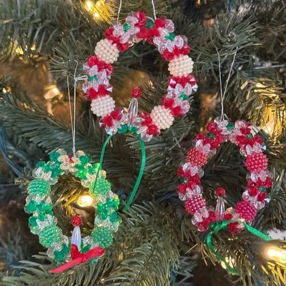 Vintage 1985 Festive Beaded Wreath Ornaments