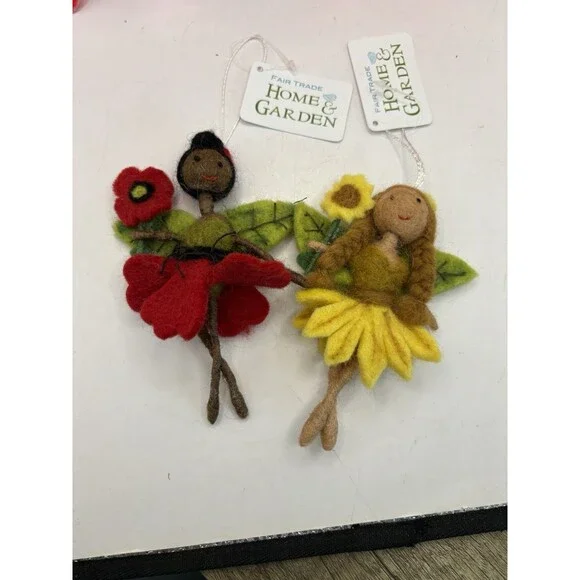 Fair Trade Home & Garde Set Of Two Flower Fairies Ornaments Sunflower, Poppy NWT