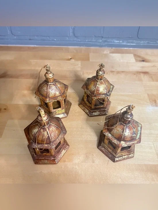 3”x5” Miniature Bell Lanterns Christmas Ornament Lot Gold/Bronze Finish (4)
