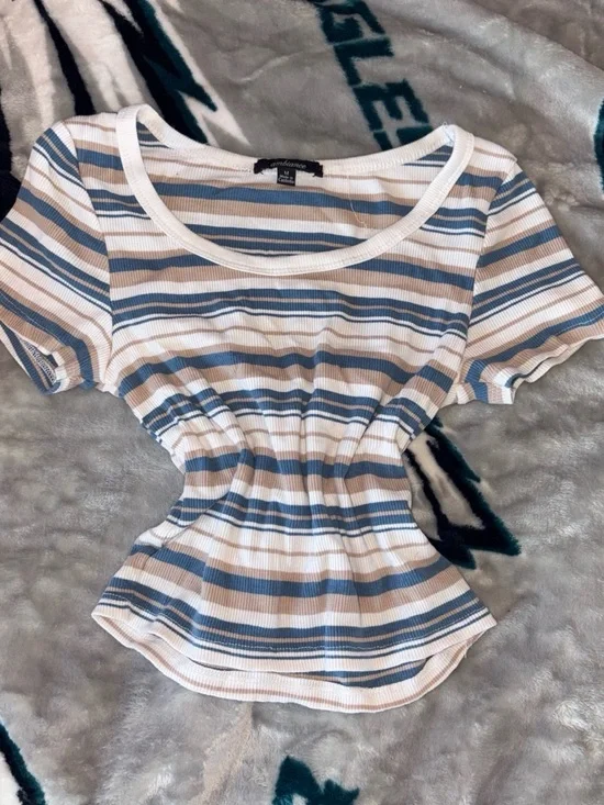 Ambiance Striped Ribbed Scoop-Neck Tee in Blue, Tan & White