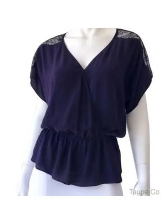 Sugarlips Dark Purple Silk Peplum Blouse W/ Black Lace Back