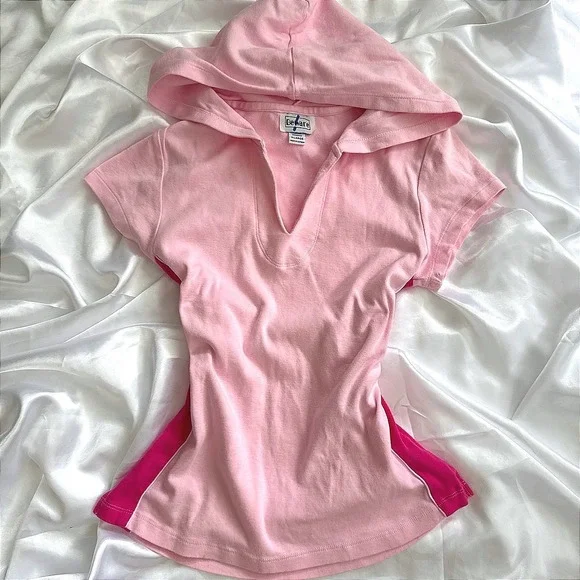 Beware Women Pink Short Sleeve Hoodie V-Neck Contrast Side Panel Top XL Y2K