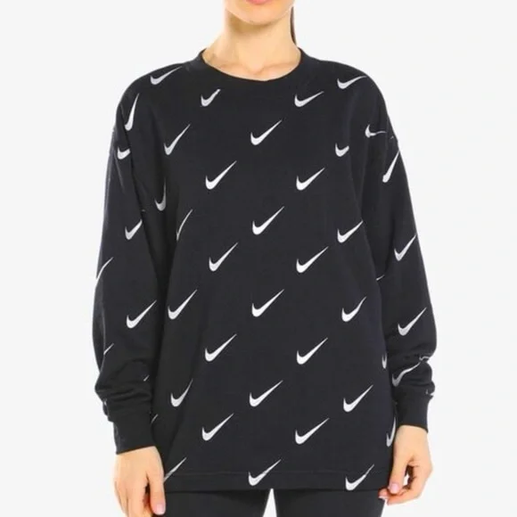 NIKE Black Rally Print Metallic Crew Sweatshirt Long Sleeve Pullover Size Small‎