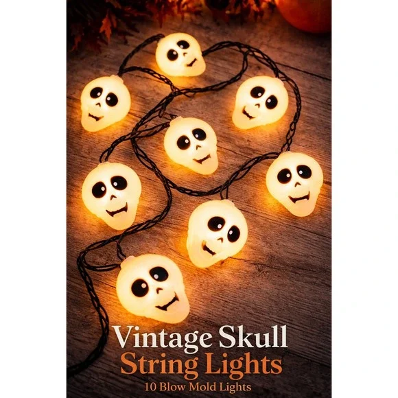 Vintage Halloween Skull String Lights 10 Blow Mold Skull Covers Black Wire‎ New