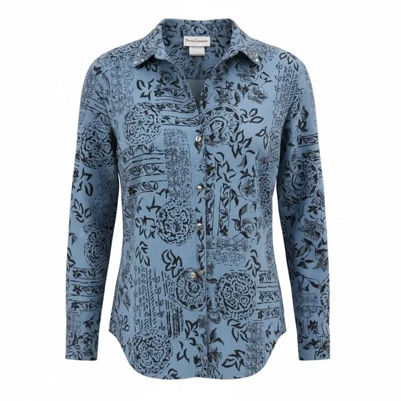 Pierre Lamonte Blue Patchwork-Style Blue Button Up Shirt