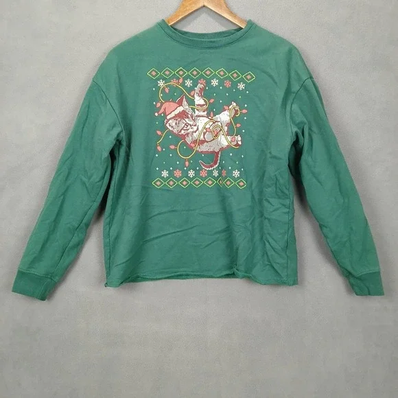 Mighty Fine Sweatshirt‎ Womens Medium Green Christmas Cat Graphic Fleece Lined