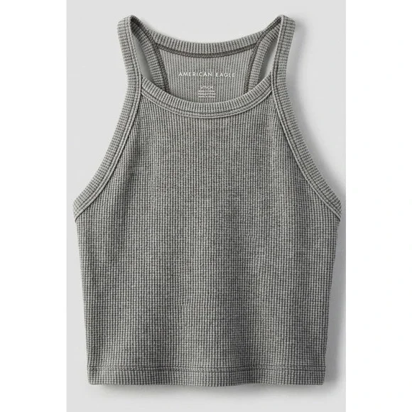 American Eagle Waffle Knit Cropped Tank Top High Neck Racerback Gray Size S‎