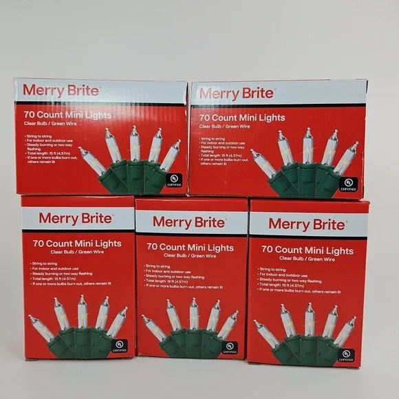 5 Merry Brite 70 Count Mini Christmas‎ Craft Lights Clear Bulbs Green Wire 15ft.