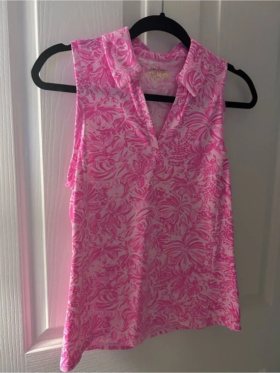 Lilly Pulitzer Pink Blossom Foxy Llama Sleeveless Luxletic Polo - Small