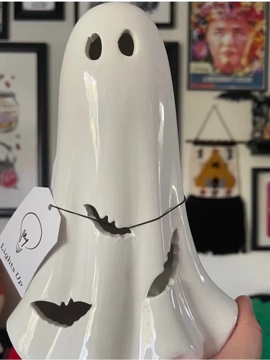 White Ceramic Ghost Luminary with Bat Cutouts