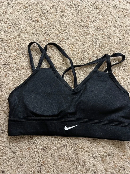 Nike Black Strappy V‑Neck Sports Bra with White Swoosh
