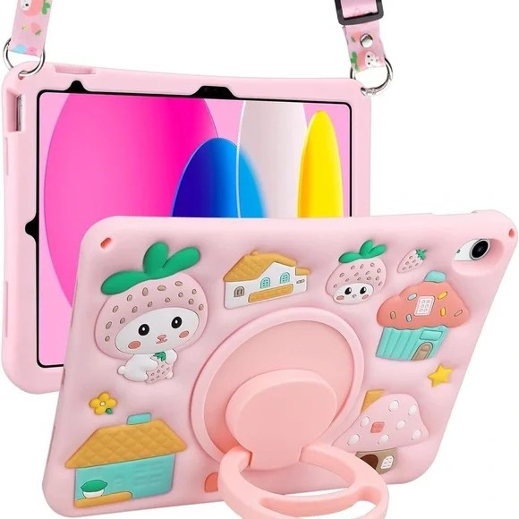 Kids iPad 11th Gen 11 Case iPad 10th 10.9 Pink Strawberry Strap Stand
