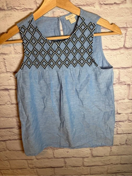 J. Crew Factory‎ Embroidered Chambray Shirt Women's Blue Linen Blend Size 00