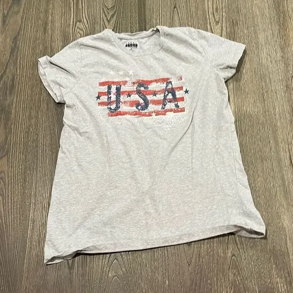 Womens Crewneck T-Shirt USA Flag Graphic Pullover Short Sleeve Gray Size Medium
