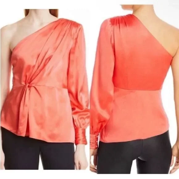 Cinq a Sept NWT Stace One-Shoulder Silk Blouse in Neon Coral Size XS