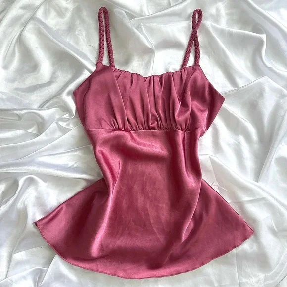 BCX Rose Pink Satin Braided Strap Ruched Bust Empire Waist Camisole Top Small