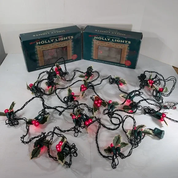 2x Restoration Hardware Marjorie's Vintage Holly Lights Red Berry Christmas 12ct