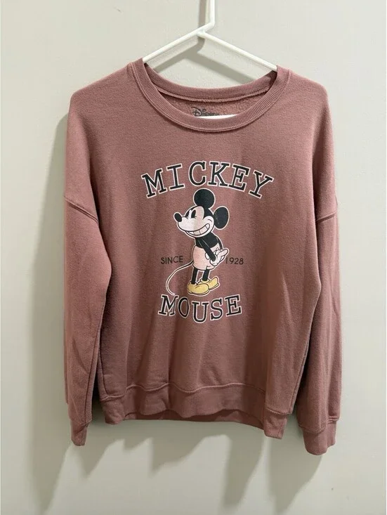 Disney Mickey Mouse Pink Logo Graphic Fleece Crew Neck Pullover Women's M
