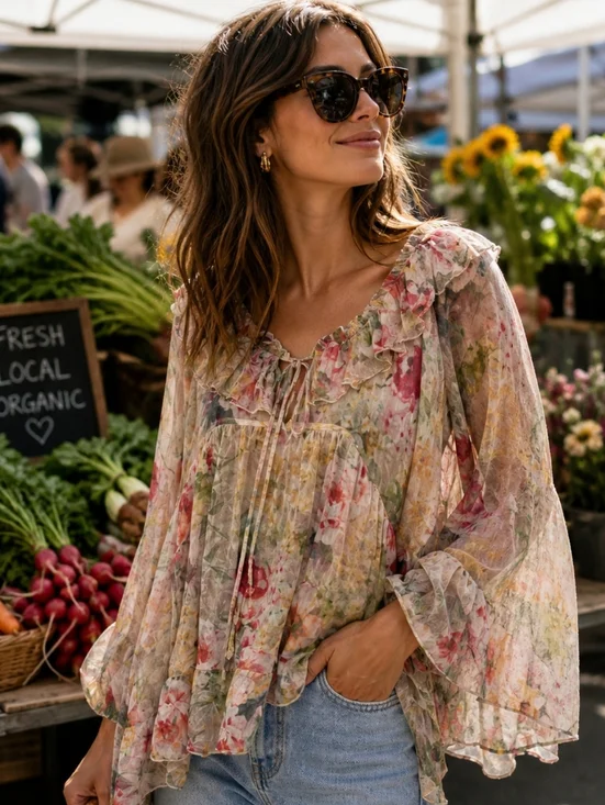 JOHNNY WAS Aria Silk Flowy Whimsigoth Semi-sheer Abstract Pastel Floral Blouse